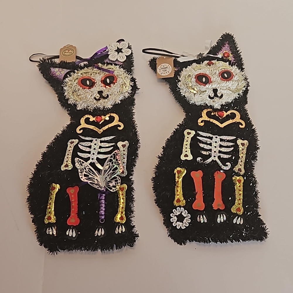 Hand crafted Halloween Cats Set of 2 Black Cats Handmade Holographic Bone detail - Picture 15 of 17